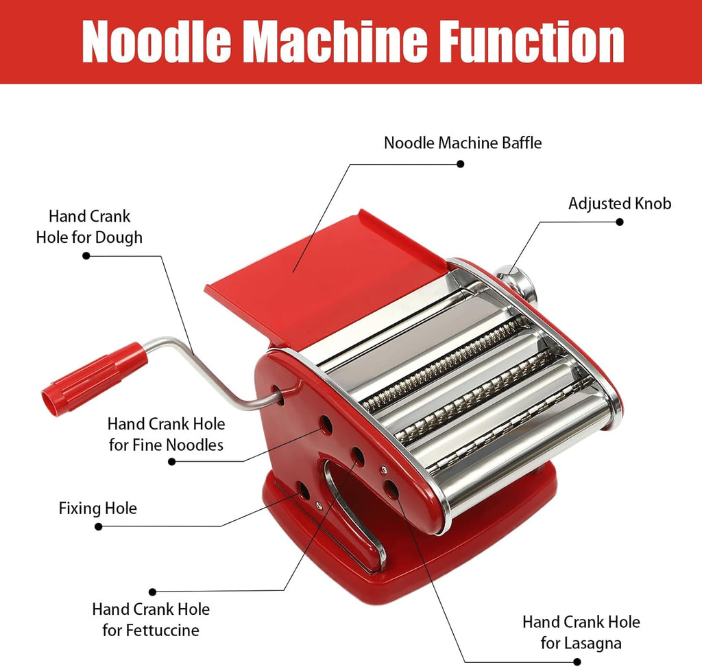Pasta Maker Machine-6 Adjustable Thickness Settings, Adjustable Clamp, stainless steel Construction for Spaghetti, Fettuccini, Lasagna, Dumpling Skins (Red pasta maker)