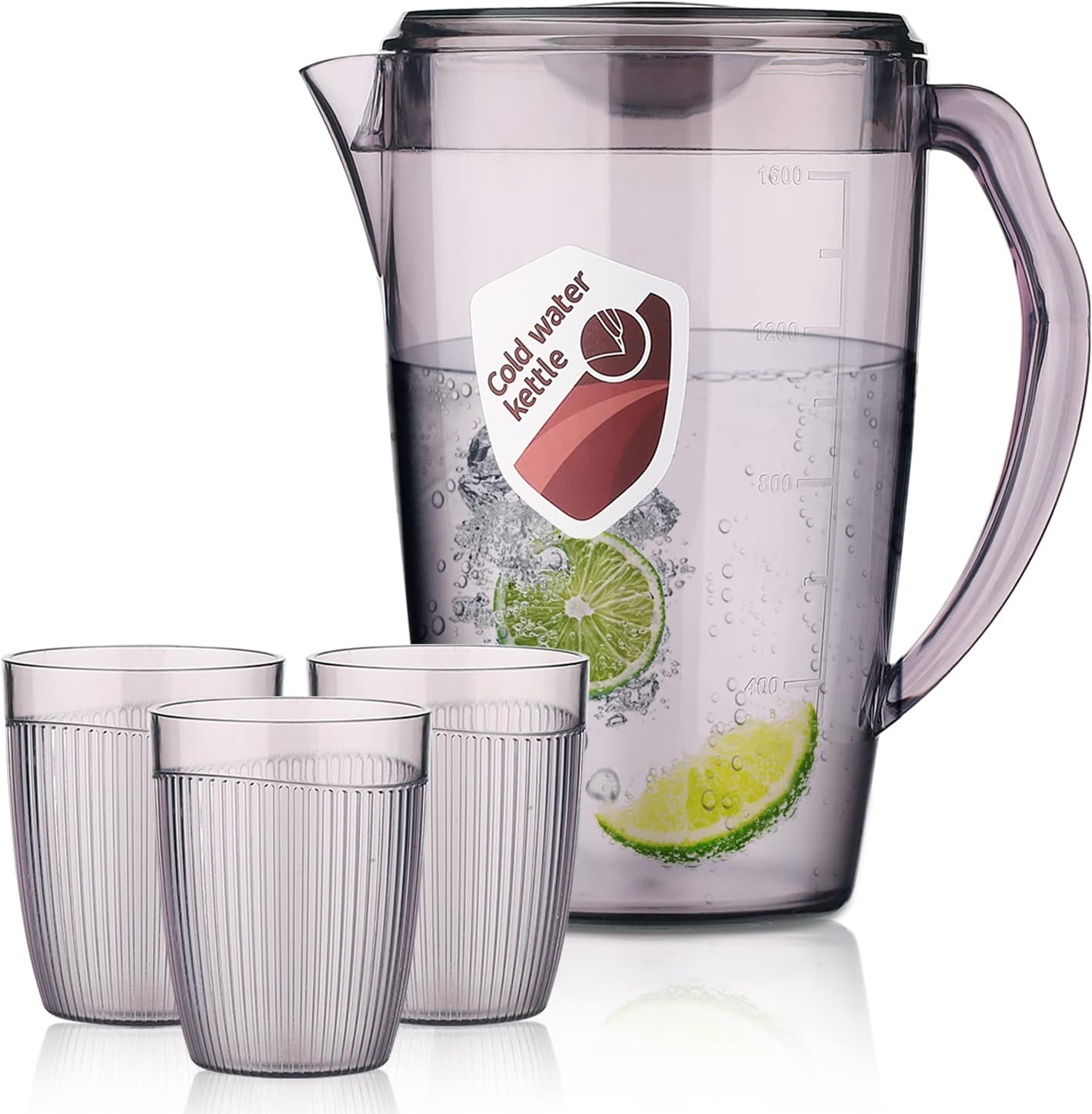 HOMQUEN Plastic Pitcher with 3 Cup, 60 Oz/1.8L Water Pitcher with Lid, Iced Tea Pitcher, Water Carafe, Jar Pitcher, Water Jug with Handle for Tea, Juices, Milk, Cold or Hot Beverages (Gray)