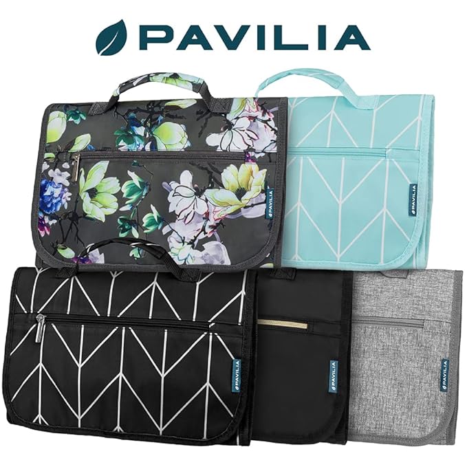 PAVILIA Hanging Toiletry Bag Women Men, Travel Kit Foldable Large Toiletries Organizer, Roll up Cosmetics Makeup Bag Accessories, Waterproof Essentials Jewelry Case (Teal Chevron)