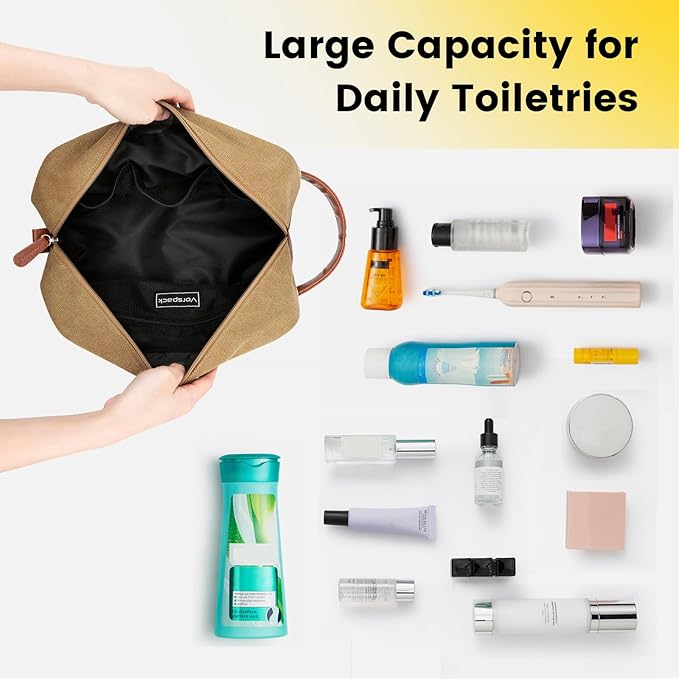 Vorspack Toiletry Bag Hanging Dopp Kit for Men Water Resistant Canvas Shaving Bag with Large Capacity for Travel - Brown