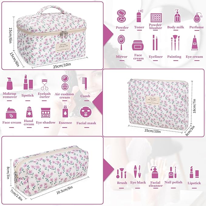 Makeup Bag Set, Quilted Makeup Bag, Large Floral Cosmetic Bag for Women, Cute Cotton Makeup Bags, Flower Travel Toiletry Organizer Bag (Purple Flower)