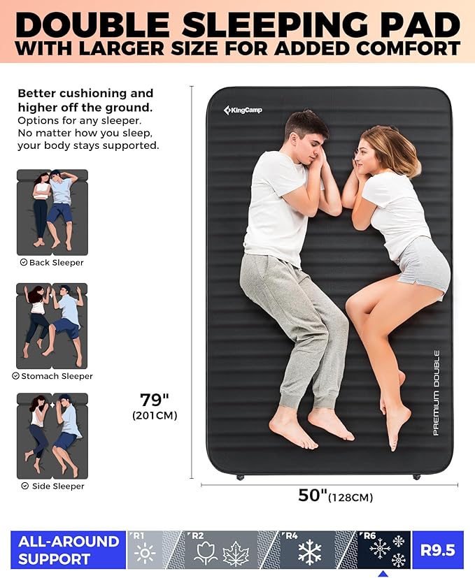 KingCamp Double Sleeping Pad, 2 Person Queen R 7.9 Self Inflating Sleeping Pad, 3" Thick Full Size Foam Mattress Mat with Air Pump for Outdoor Camping Tent Car, PVC Free (Black)