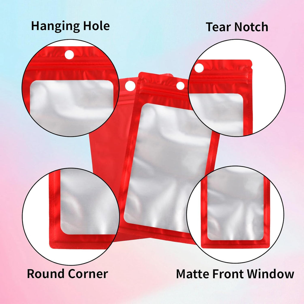 200 Pack Resealable Mylar Holographic Bags Food Storage Smell Proof Bags with Front Window Foil Packaging Pouch for Candy Sample Jewelry Small Business 3.54×6.29 Inch, Red