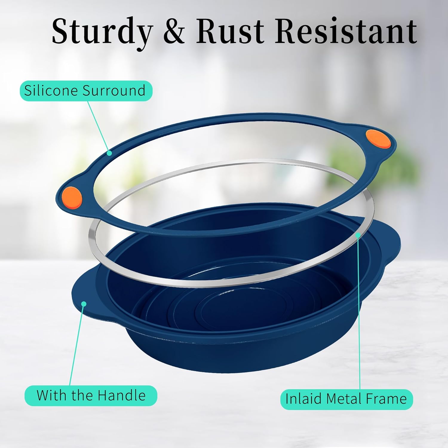 To encounter 8 in 1 Silicone Baking Set - 6 Cake Molds - 2 Silicone Baking Mat, Nonstick Cookie Sheet, Cake Muffin Bread Pan with Grips and Metal Reinforced Frame More Strength, Navy Blue