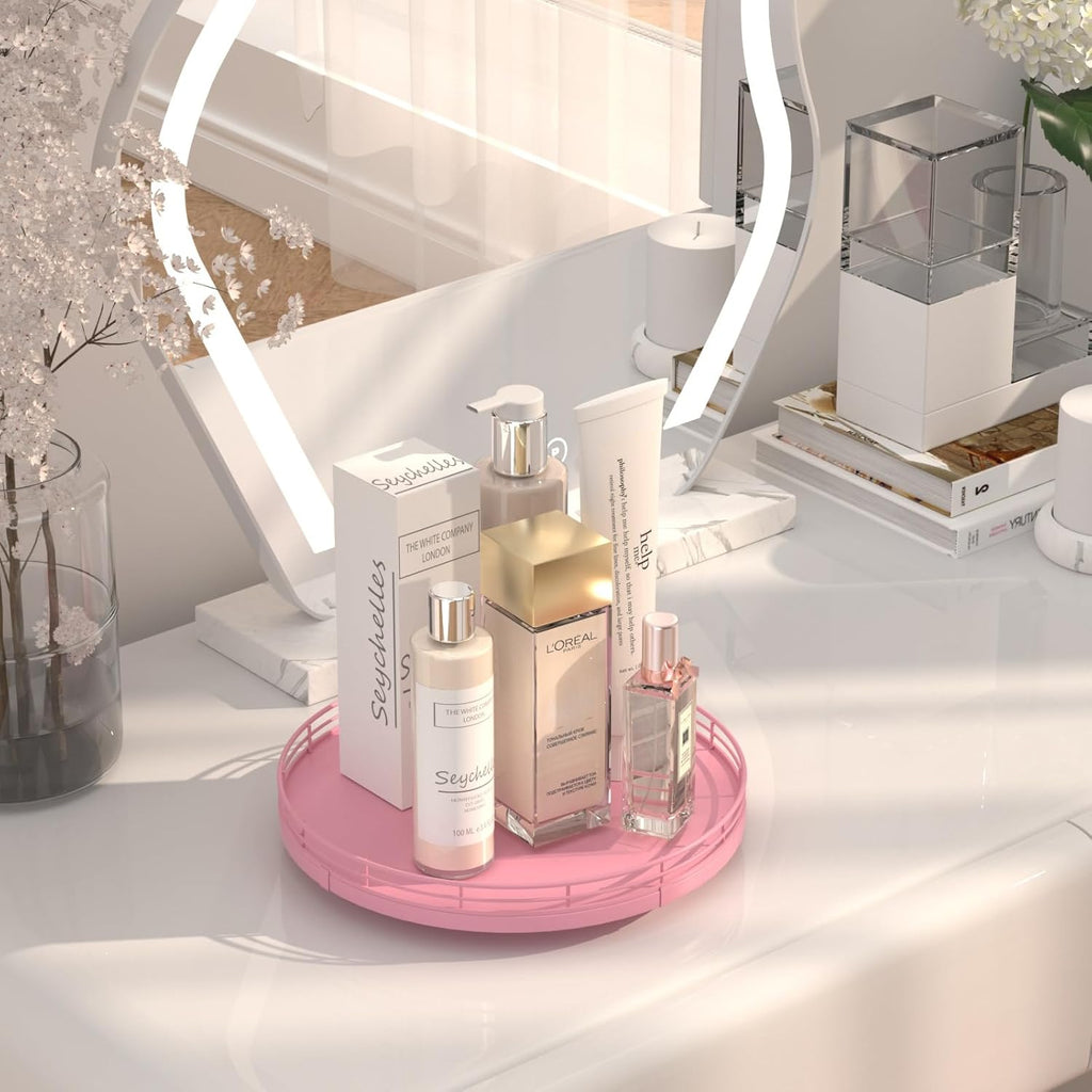 10" Oak Wood Bathroom Tray for Counter, Vanity Tray for Perfume Lotion Candle Makeup Jewelry Sink Soap Holder Turntable Dresser Organizer Countertop Coffee Table Decor Organization and Storage Pink