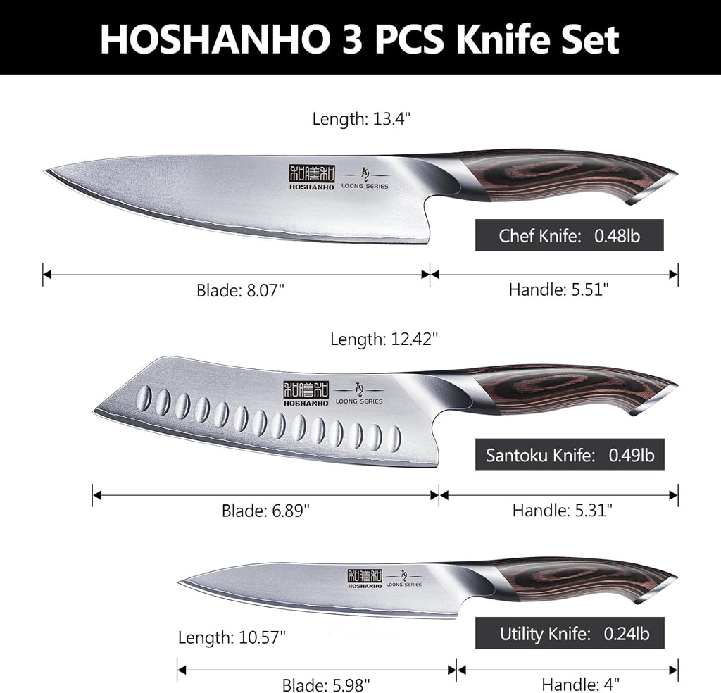 3 Pieces Knife Set, Professional Japanese High Carbon Stainless Steel Kitchen Knife Set, Ultra Sharp Chef Knives Sets with Ergonomic Pakkawood Handle