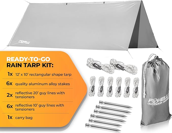 Foxelli Camping Tarp - 12x10ft Waterproof Rain Tarp, Lightweight Backpacking Rainfly Shelter with Included Extra Long Guy Lines & Stakes