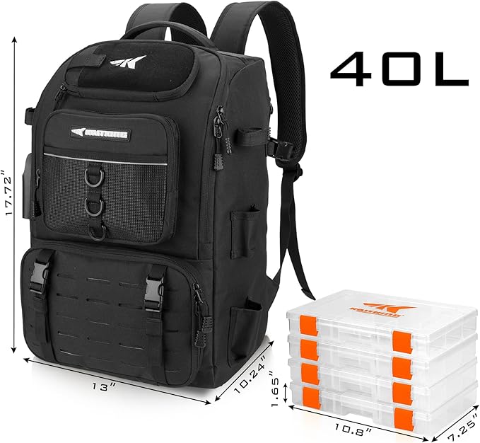 KastKing Karryall Fishing Tackle Backpack with Rod Holders 4 Tackle Boxes,40L Fishing Bag Storage Fishing Gear and Equipment