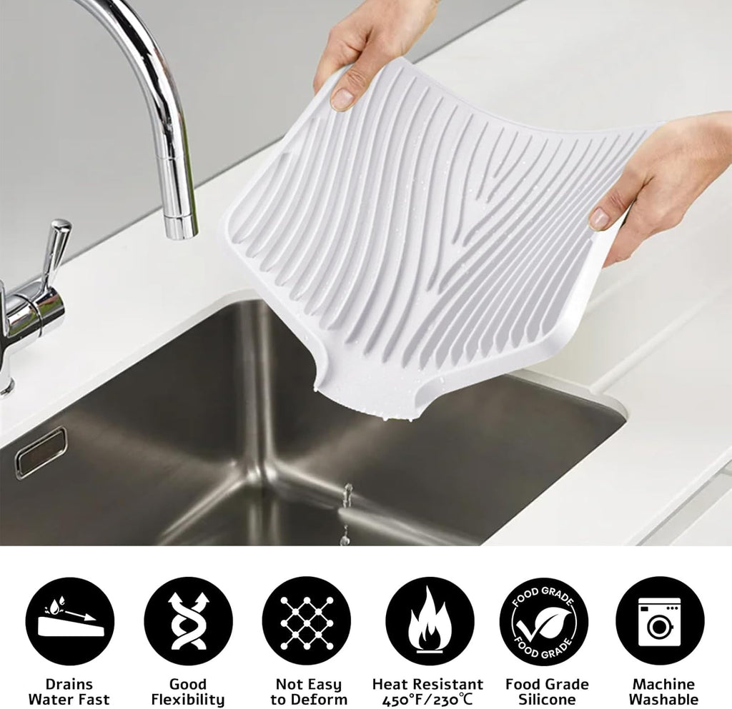 Dish Drying Mat, Stone Drying Mat for Kitchen Counter with Built-in Drain, Non-Slip Drying Matt Kitchen Counter, Heat Resistant Silicone Drying Mat,Dish Drying Pad,2 Pcs(15.8"X13",Ivory)