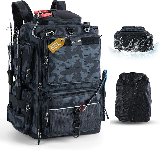 Goture IPX EVA Bottom Fishing Tackle Bag with Rod Holder, Waterproof 600D Fishing Backpack with 8 Lure Pockets & Rain Cover