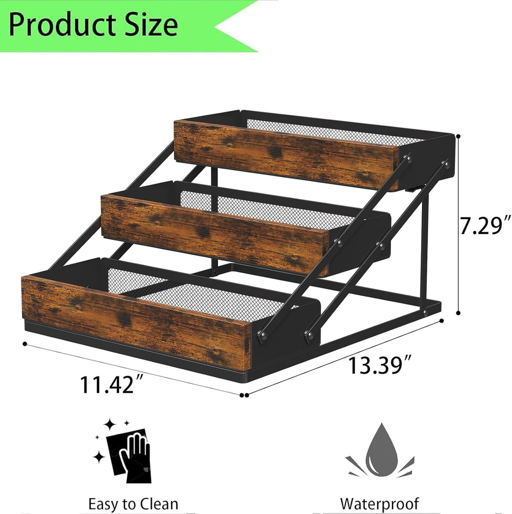 3 Tier Foldable Spice Rack Organizer for Countertop, Step Shelf with Spice Jars for Kitchen Cabinet Drawers Seasoning Rustic Wooden Spice Holder for Home, Cupboard or Door - 2PCS