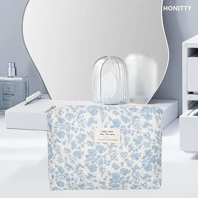 Makeup Pouch,Quilted Cosmetic Bags,Large Floral Make Up Organizer for Women