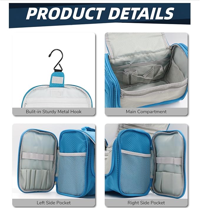 Buruis Large Capacity Toiletry Bag for Women and Men, Hanging Toiletry Organizer Cosmetics Makeup Bag, Water-resistant Dopp Kit Shaving Bags for Full Sized Toiletries, Travel Essentials (Light Blue)