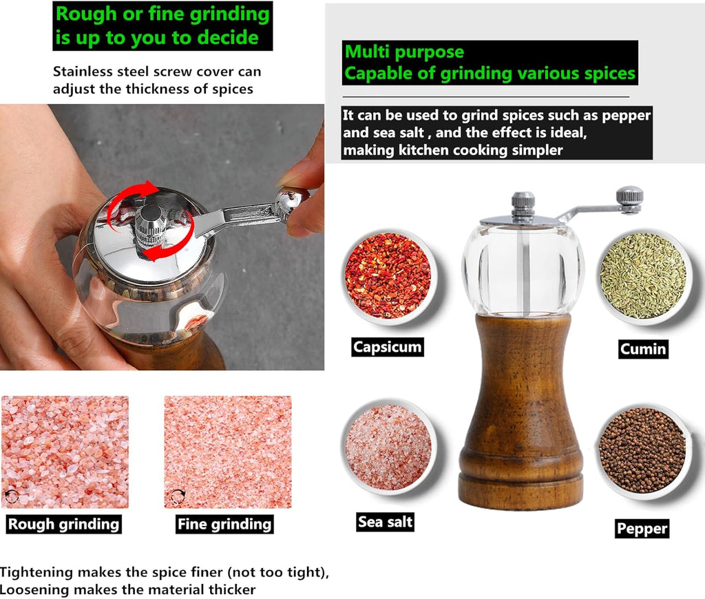 Pepper Mill Set，Manual Pepper Mills, Classical Roast Black Manual Pepper Grinder Set，Hand Shake Salt Mill，Retro Wood， Acrylic，Ceramic Blades,Enjoy Fresh Pepper Spices (Walnut color 2pcs-5in)