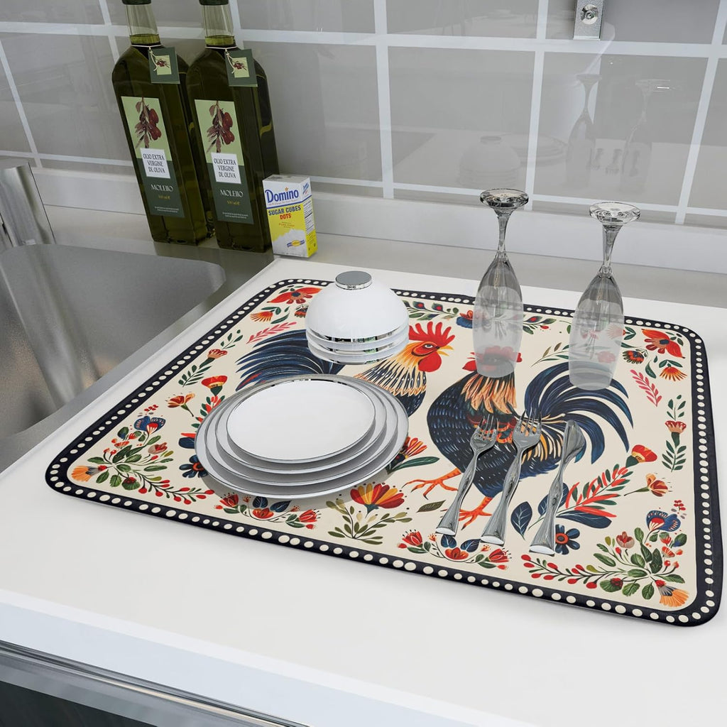 Rooster Poultry Dish Drying Mat for Kitchen Counter 18x24 Inch Microfiber Absorbent Colorful Printing Drying Pad