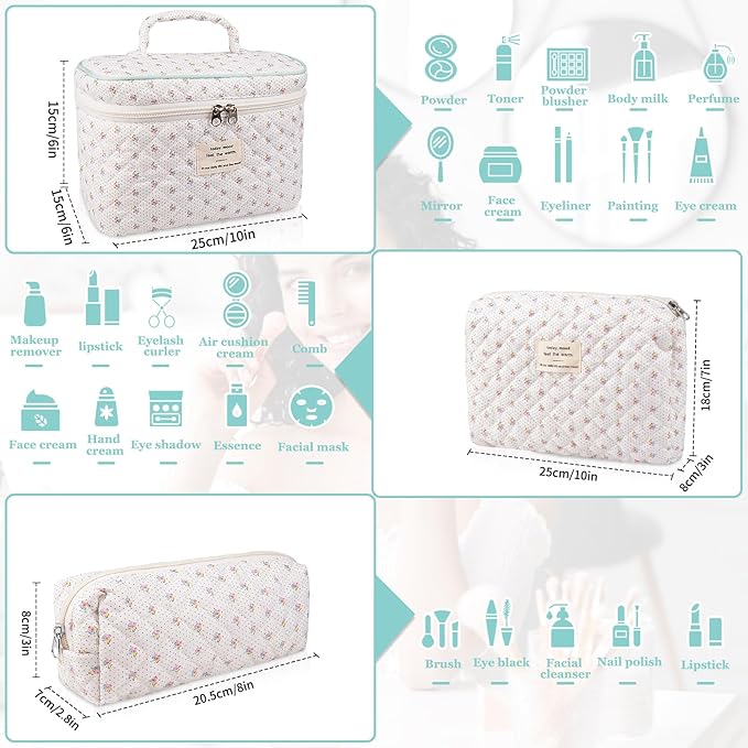 Floral Quilted Makeup Bag Set, 3 Sizes, Travel & Daily Use, Women's Cotton Cosmetic Bag
