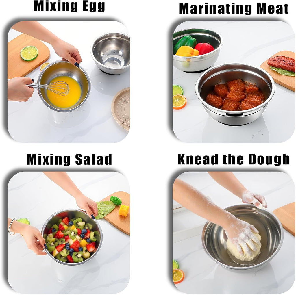 Lazycorner Mixing Bowls with Airtight Lids Set 5 Pcs Stainless Steel Bowls Set Baking Set Non-Slip Silicone Bottoms Great for Serving & Baking