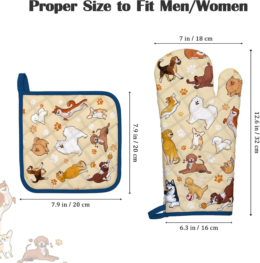 Dogs Oven Mitts and Pot Holders Sets 4Pcs, 100% Cotton Heat Resistant, Extra Long Oven Gloves Potholder for Kitchen Cooking Baking Housewarming