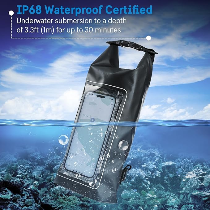 Pelican Marine IP68 Waterproof Dry Bag 2L - Roll Top Waterproof Backpack w/ Phone Case / Pouch - Boating & Kayak Accessories - Essentials for Camping Swimming Beach Fishing Rafting Travel - Black