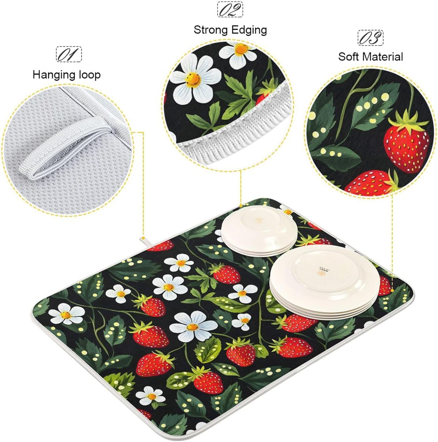 Strawberries White Flowers Dish Drying Mat for Kitchen Counter Absorbent Microfiber Drying Pad, Medium 16x18 in, Reversible Drainer Mats