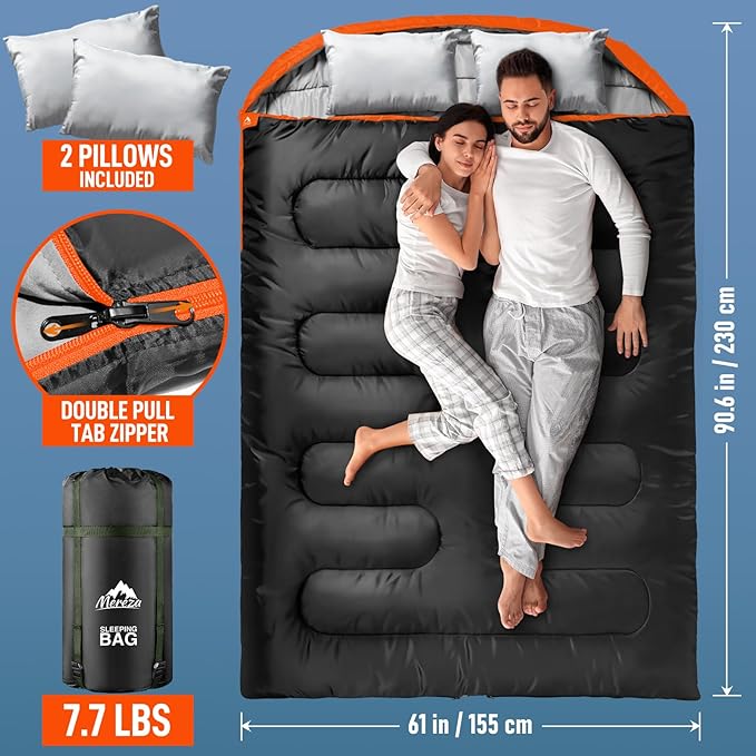 MEREZA Double Sleeping Bag for Adults Mens with Pillow, XL Queen Size Two Person Sleeping Bag for All Season Camping Hiking Backpacking 2 Person Sleeping Bags for Cold Weather & Warm