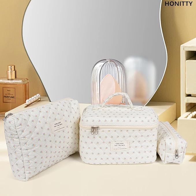 Makeup Bag,Quilted Cosmetic Bags,Large Floral Make Up Organize bag,Makeup Bag Set for Women,Flower Travel Toiletry Bag