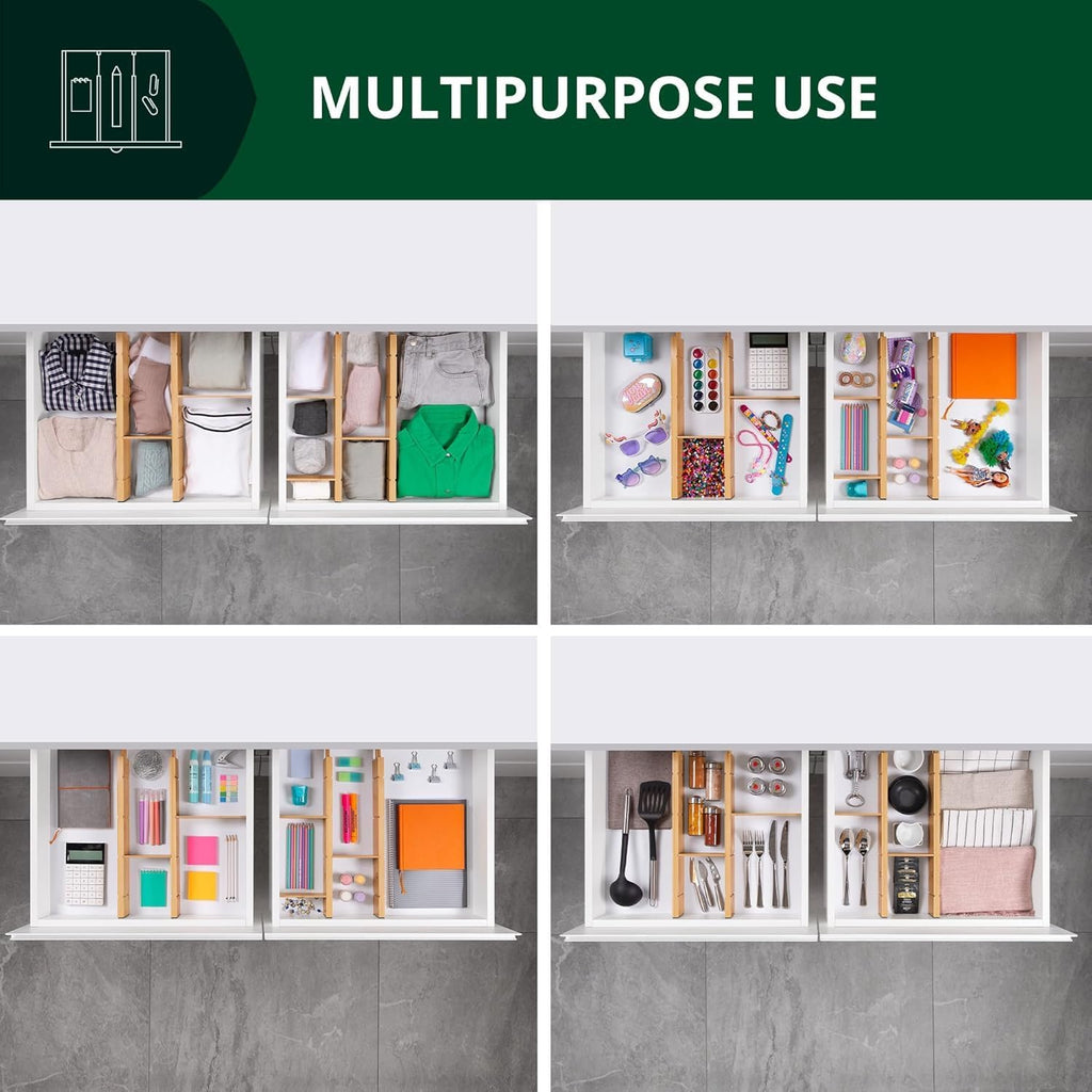 ROYAL CRAFT WOOD Adjustable Bamboo Drawer Dividers Organizers (17-21.5") with Inserts - Expandable Drawer Organization Separators for Kitchen Utensils, Clothes, 4-Pack