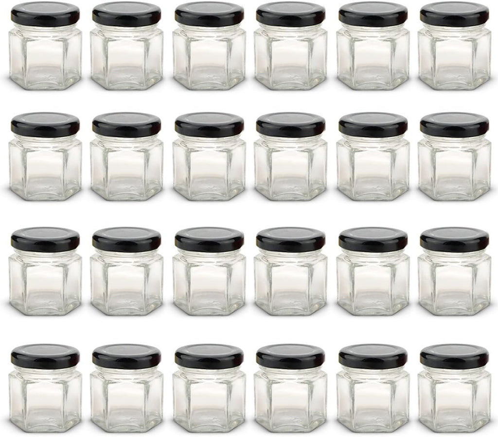 1.5 oz Hexagon Mini Glass Jars with BLACK Lids and Labels (Pack of 24)