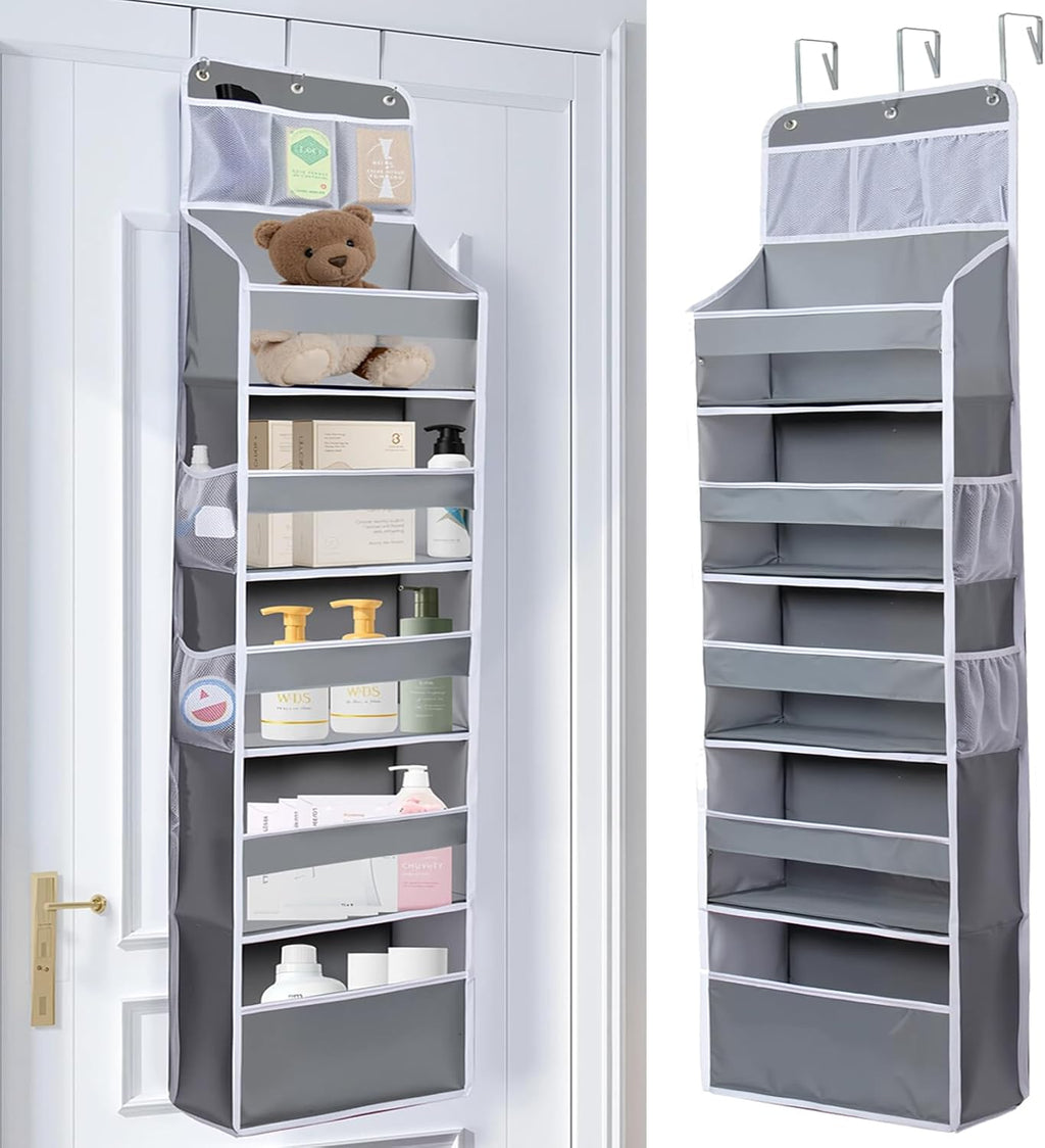 Over The Door Organizer - 6 Capacity Large Pockets & 7 Mesh Compartments, Anti-Tilt Design Holds 44 lbs, for Bathroom, Nursery, Dorm, Pantry & Laundry Storage (Light Grey)