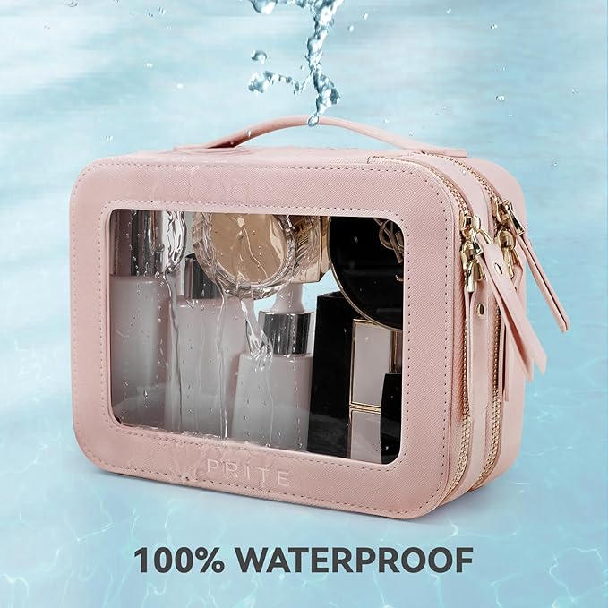 Prite Double Layer Makeup Bag for Women Portable Clear Makeup Bag Cute Waterproof Travel Cosmetic Bag with Gold Zipper for Car Essentials(Pearlescent Pink)