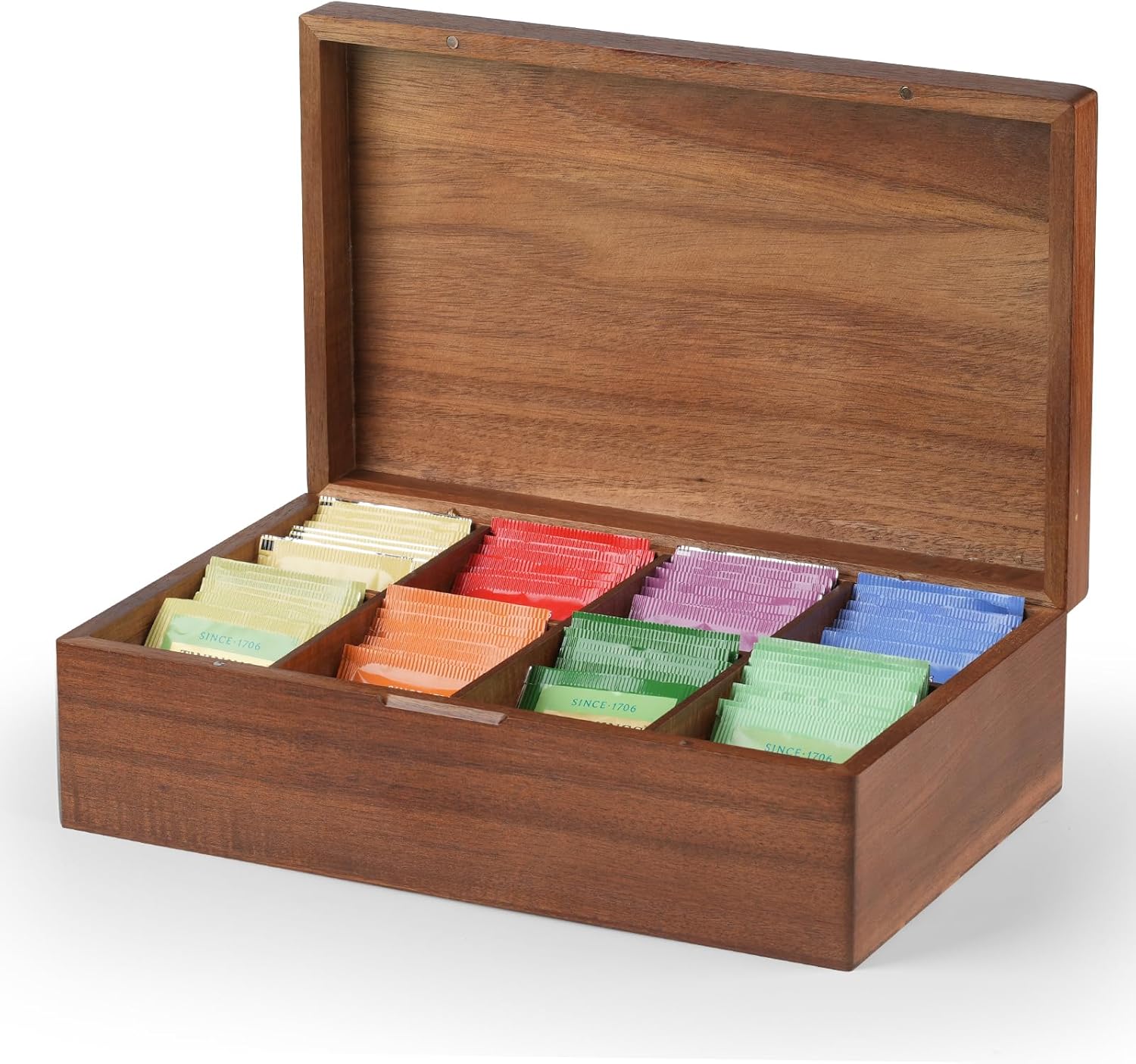 Acacia Wood Tea Bag Organizer, 8 Compartments Tea Box Organizer Storage Box, Tea Box for Tea Bags Chest, Tea Bag Holder with Magnetic Lid for Beverage Supplies, Sugar, Sweeteners, Individual Packets