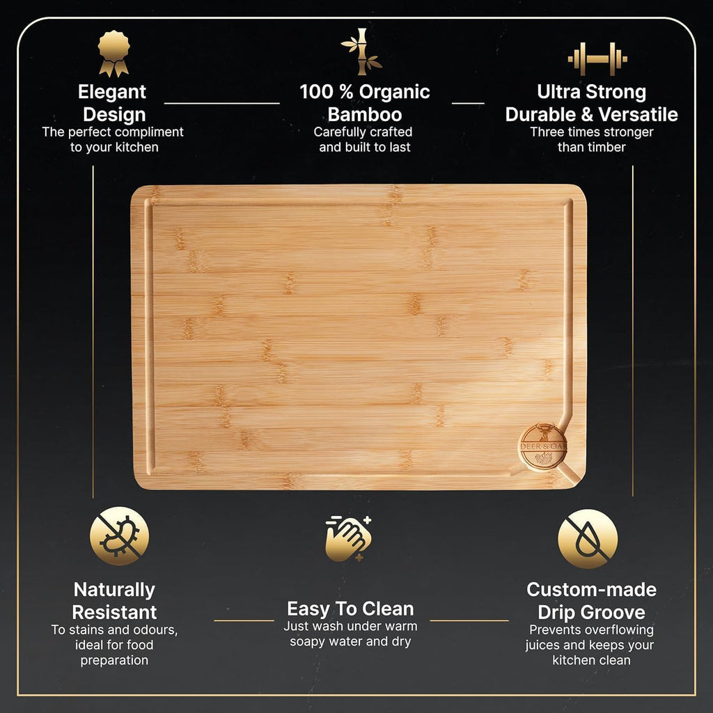 Deer & Oak Premium Large Bamboo Cutting Board – 15" x 9.8" x 0.8" Wooden Chopping Board for Meat and Vegetables, Pre-Oiled, Water Resistant, Knife Friendly