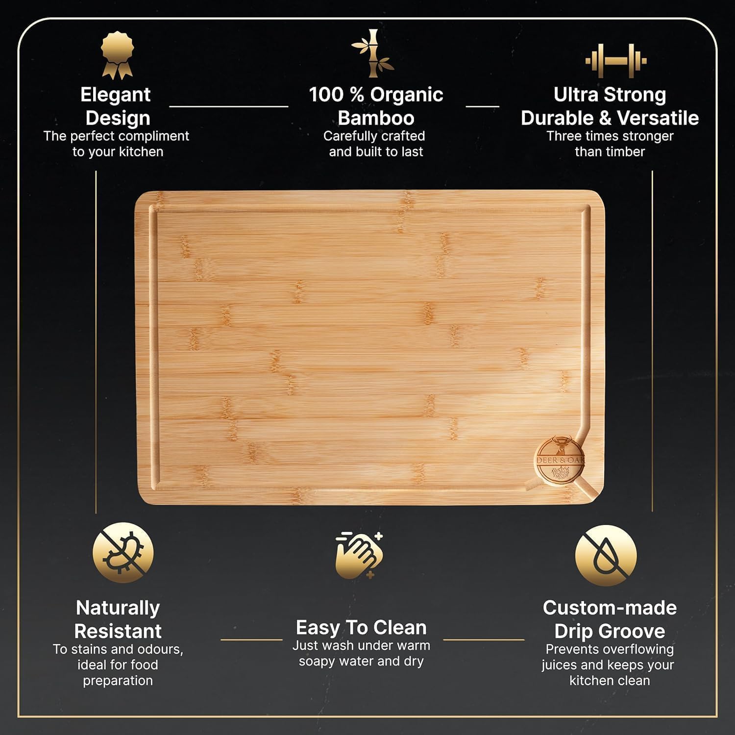 Deer & Oak Premium Large Bamboo Cutting Board – 15" x 9.8" x 0.8" Wooden Chopping Board for Meat and Vegetables, Pre-Oiled, Water Resistant, Knife Friendly