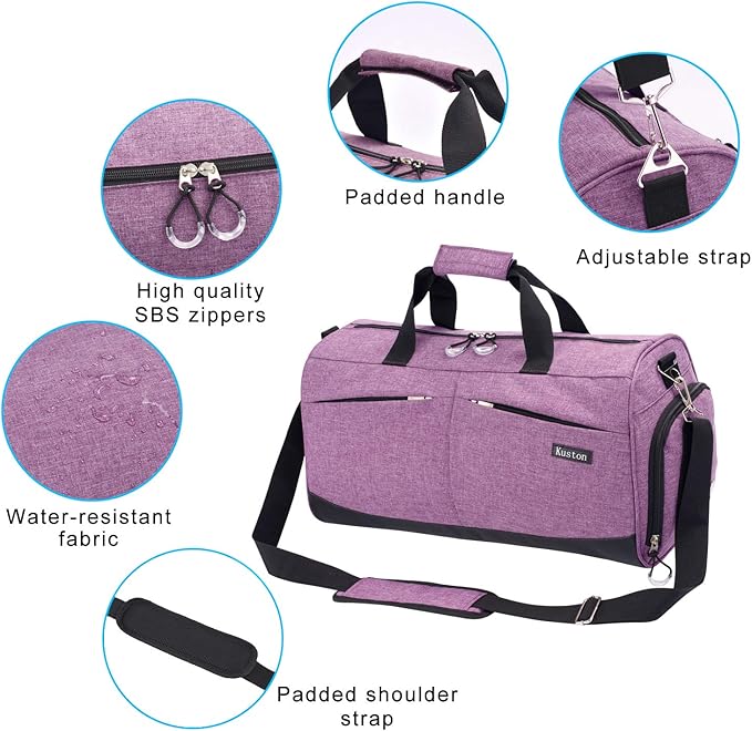 Kuston Sports Gym Bag with Shoes Compartment &Wet Pocket Gym Duffel Bag Overnight Bag for Men and Women-Purple