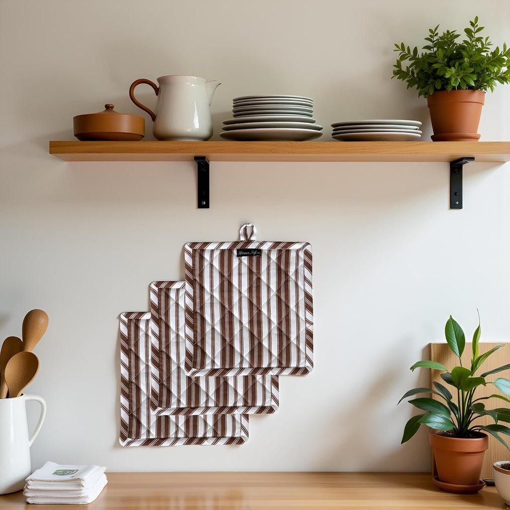 AMOUR INFINI Double Stripe Pot Holders Heat Resistant Cotton Set of 3 Nonslip 8"x8" Inch Hot Pads for Kitchen, BBQ, Baking & Cooking with Hanging Loops (Brown)