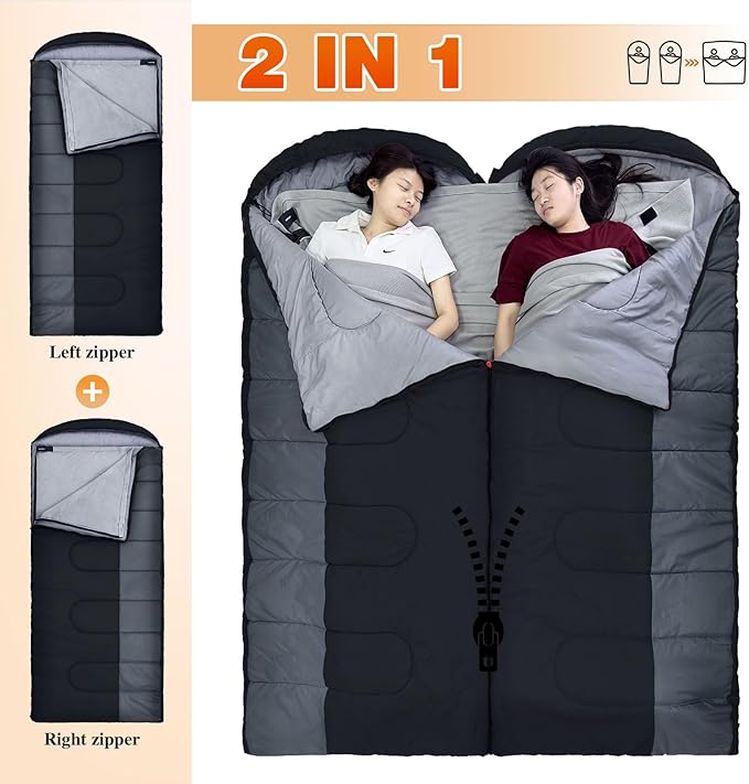 XL 10 Degree Sleeping Bags Waterproof for Adults 350GSM Machine Washable with Compression Sack for 3-4 Season Camping Outdoor