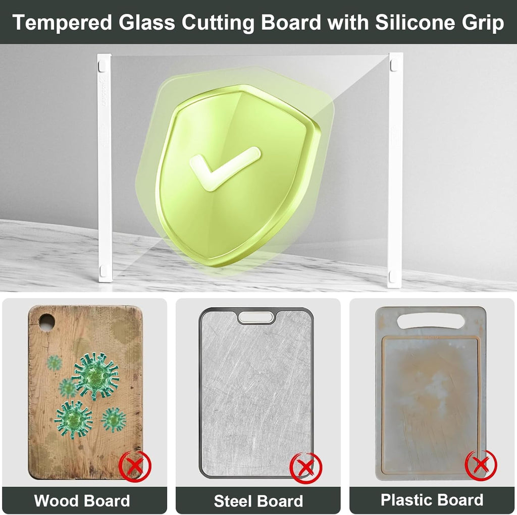 2PCS Glass Cutting Board with Silicone Grip, 80% Stronger Shatter Resistance and Slip Resistance,No Scratches/Microplastic-Free,Dishwasher Safe, Non Toxic Cutting Board for Kitchen-White
