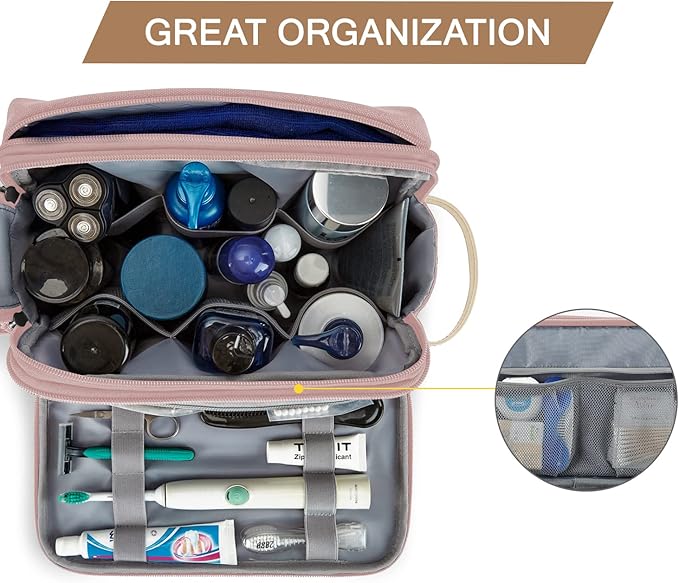 BAGSMART Toiletry Bag for Women, Cosmetic Makeup Bag Organizer, Travel Bag for Toiletries, Dopp Kit Water-resistant Shaving Bag for Accessories, Pink-Large