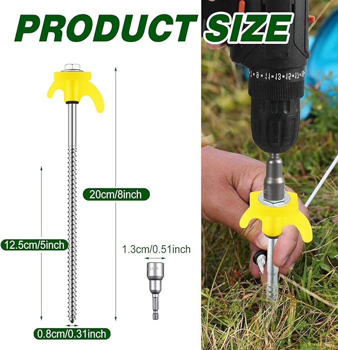 20 Pcs 8" Screw in Tent Stakes Heavy Duty Tent Stakes Drillable Ground Anchors Screw Metal Tent Pegs Threaded Tent Spikes with Head Driver for Swing Inflatable Decor (Yellow)