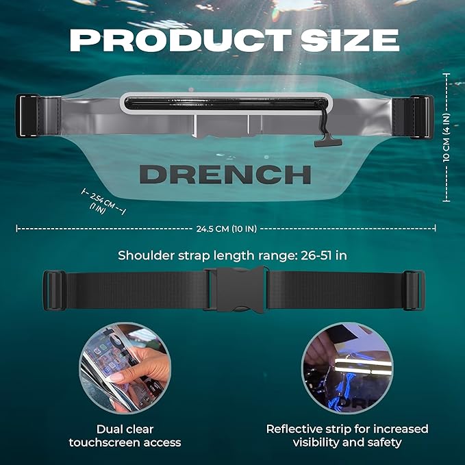 DRENCH 100% Waterproof Bag, Touchscreen Fanny pack, Transparent Cell Phone Case for Beach Essentials, IPX8 Underwater Pouches with Convertible Straps for Swimming and More, Fits iPhone Pro Max 15 SUP