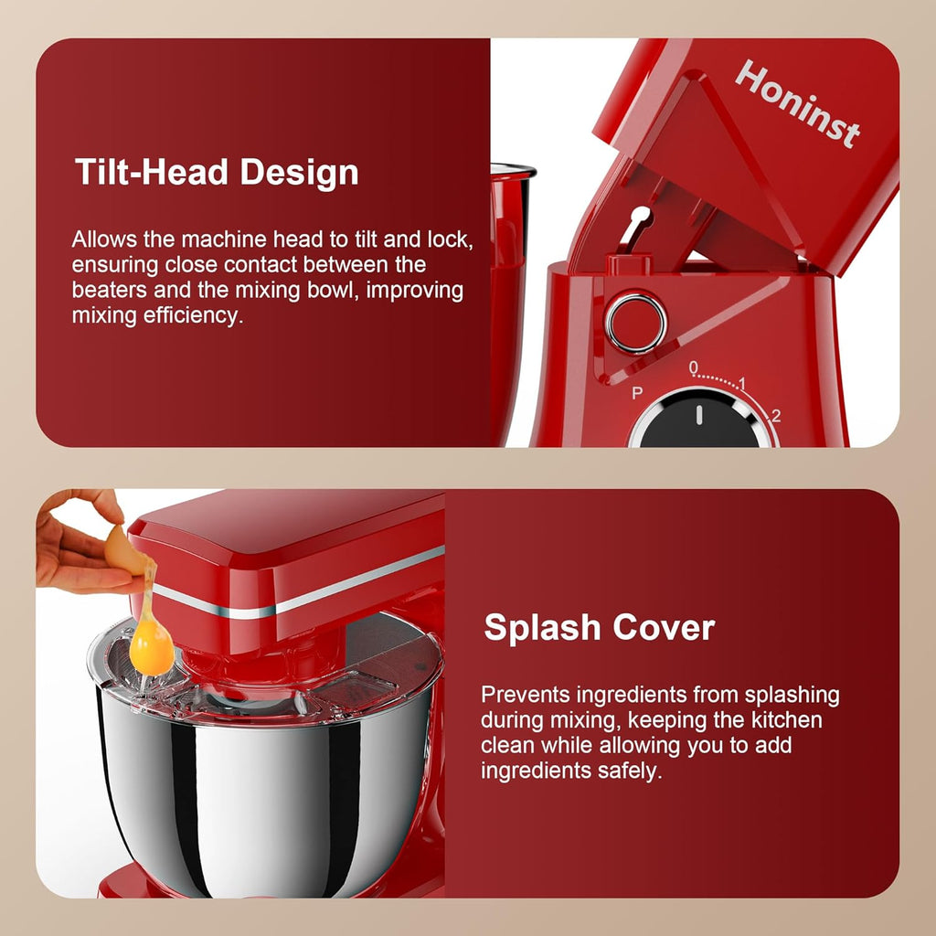 10-Speed Stand Mixer with 8-in-1 Splash Guard, Tilt-Head, 6QT Stainless Steel Bowl + Dishwasher-Safe Dough Hook/Whisk/Beater/Spatula for Baking Bread, Cakes, Cookies, Red