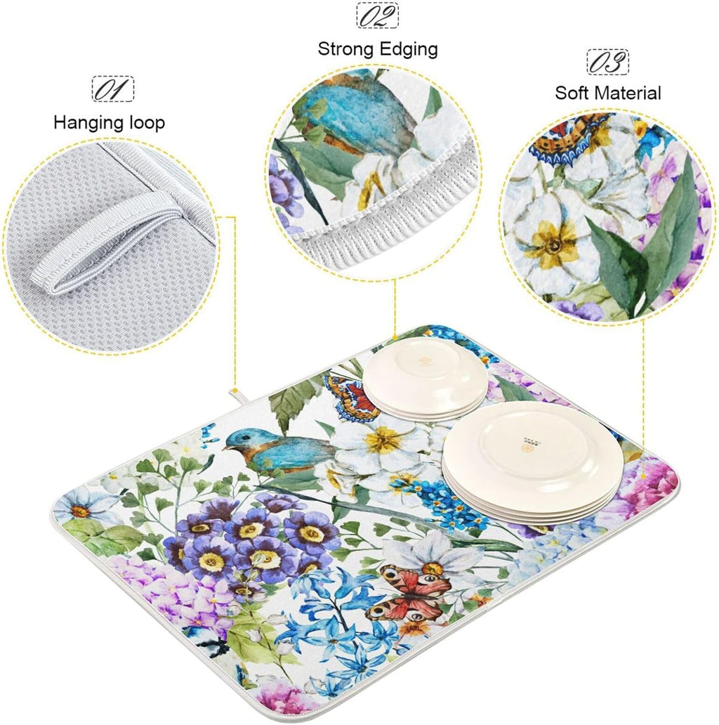Flowers Birds Butterflies Dish Drying Mat for Kitchen Counter Absorbent Microfiber Drying Pad, Medium 16x18 in, Reversible Drainer Mats