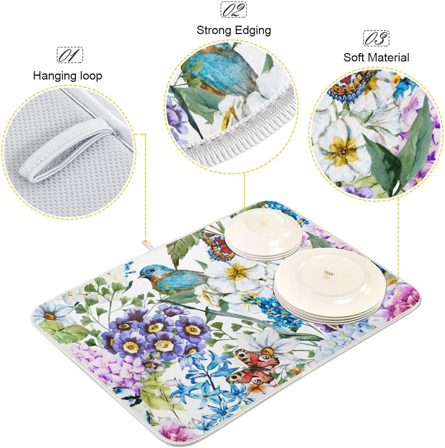 Flowers Birds Butterflies Dish Drying Mat for Kitchen Counter Absorbent Microfiber Drying Pad, Medium 16x18 in, Reversible Drainer Mats