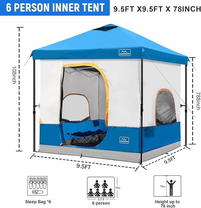 KAMPKEEPER 6 Person Camping Tent, 10x10 Pop Up Canopy Tent with Camping Inner Tent, Converts 10'x10' Straight Leg Canopy into Camping Tent–Fully Vented Roof(Canopy & Frame Included)
