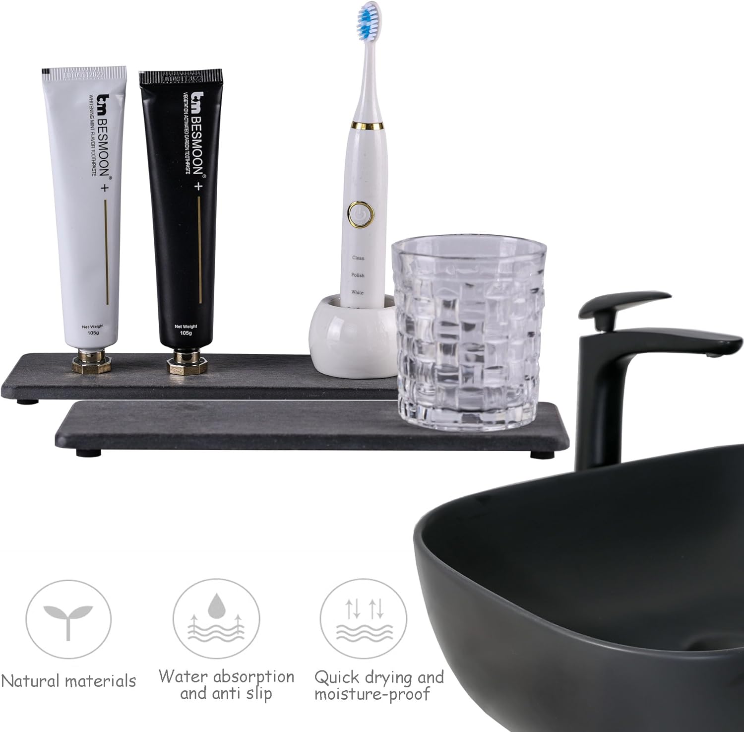 2 Pcs Water Absorbing Stone Trays, Kitchen/Bathroom Sink Soap Dish, Diatomite Tray Used for Hand Soap & Cosmetic Bottles in The Modern Home, 3.2" W x 10.2" L, Dark Gray