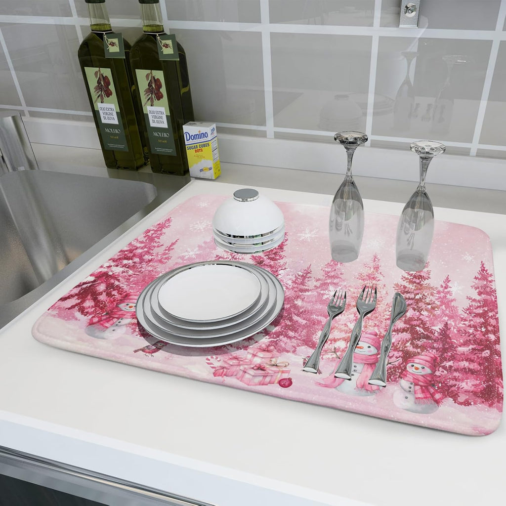 Pink Forest Dish Drying Mat Snowman Washable Drying Matt Kitchen Counter Absorbent Coffee Mat for Winter Home Decor