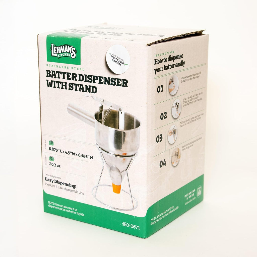 Lehman's Stainless Steel Batter Dispenser with Stand, Effortless Pancake, Waffle, and Crepe Batter Dispensing