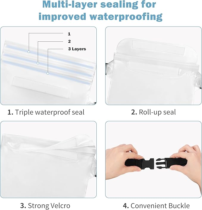 2-Pack Waterproof Pouch with Adjustable Waist Strap, Waterproof Dry Bag, Keeps Cell Phones and Valuables Safe and Dry, Perfect for Kayaking, Beach, Camping and Swimming (Black)