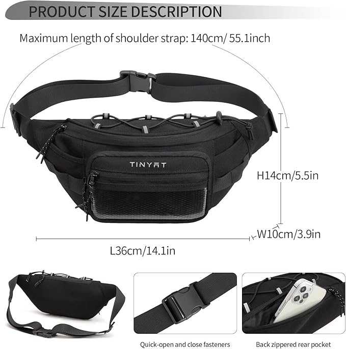 TINYAT Fanny Pack for Men Women Multifunction Waist Packs Large Crossbody Bum Bag with Zipper Waterproof Chest Bag for Hiking