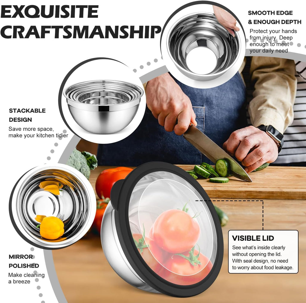 E-far Mixing Bowls Set of 7, Stainless Steel Mixing Bowls with Airtight Clear Lids, Metal Nesting Bowls for Kitchen Prep, Baking, Serving, Dishwasher Safe, Size 4.6, 3.5, 3, 2, 1.5, 1, 0.7QT, Black